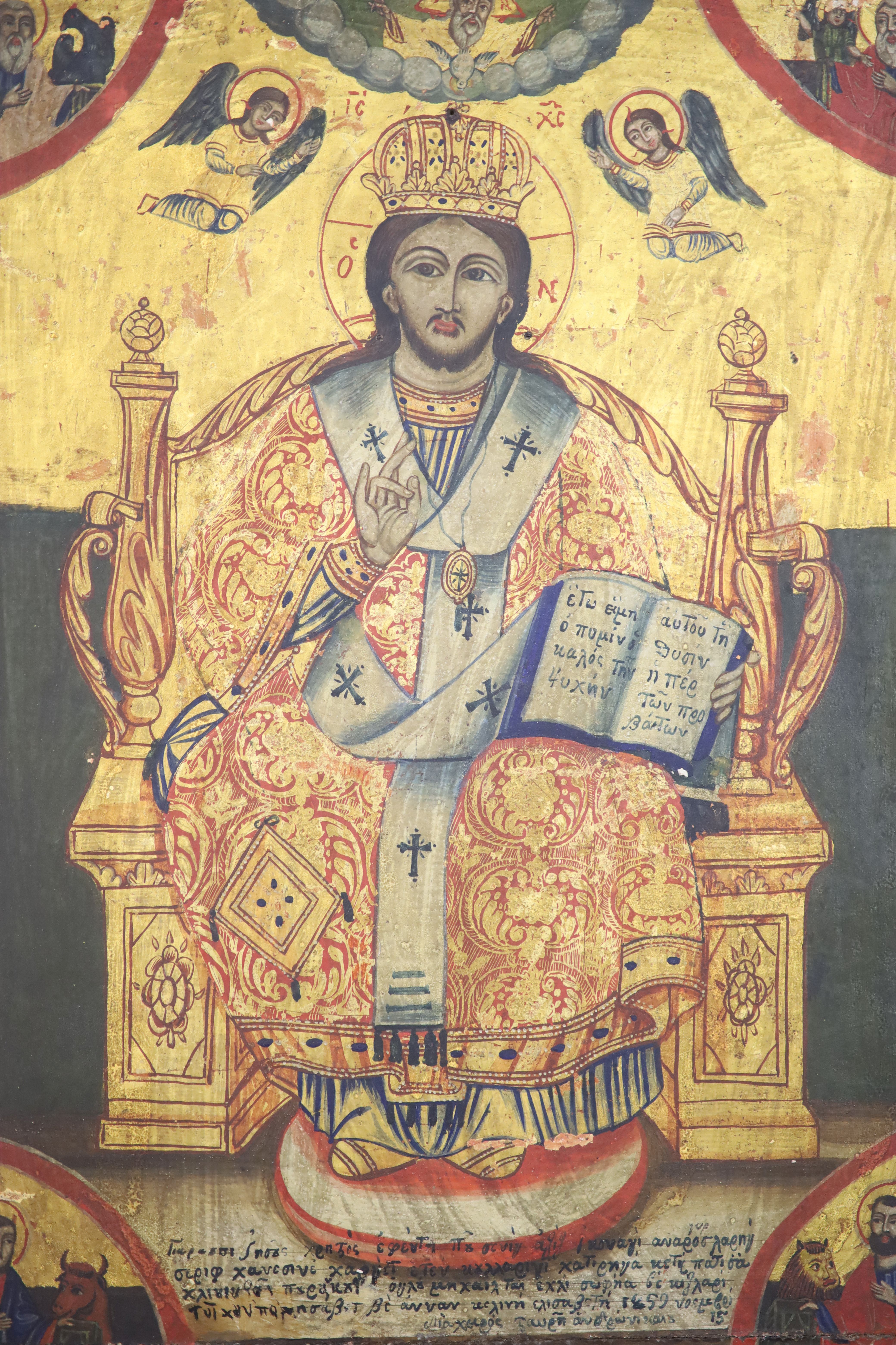 A 19th century tempera on panel icon, probably Russian, 22.5 x 16.25in.
